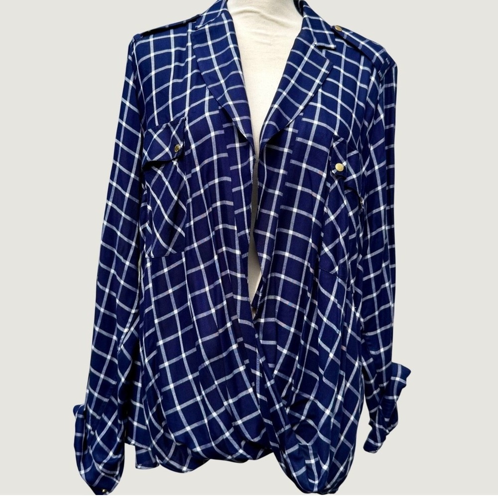 Michael Kors Navy Blue White Windowpane Plaid Roll Tab Surplice Blouse XL